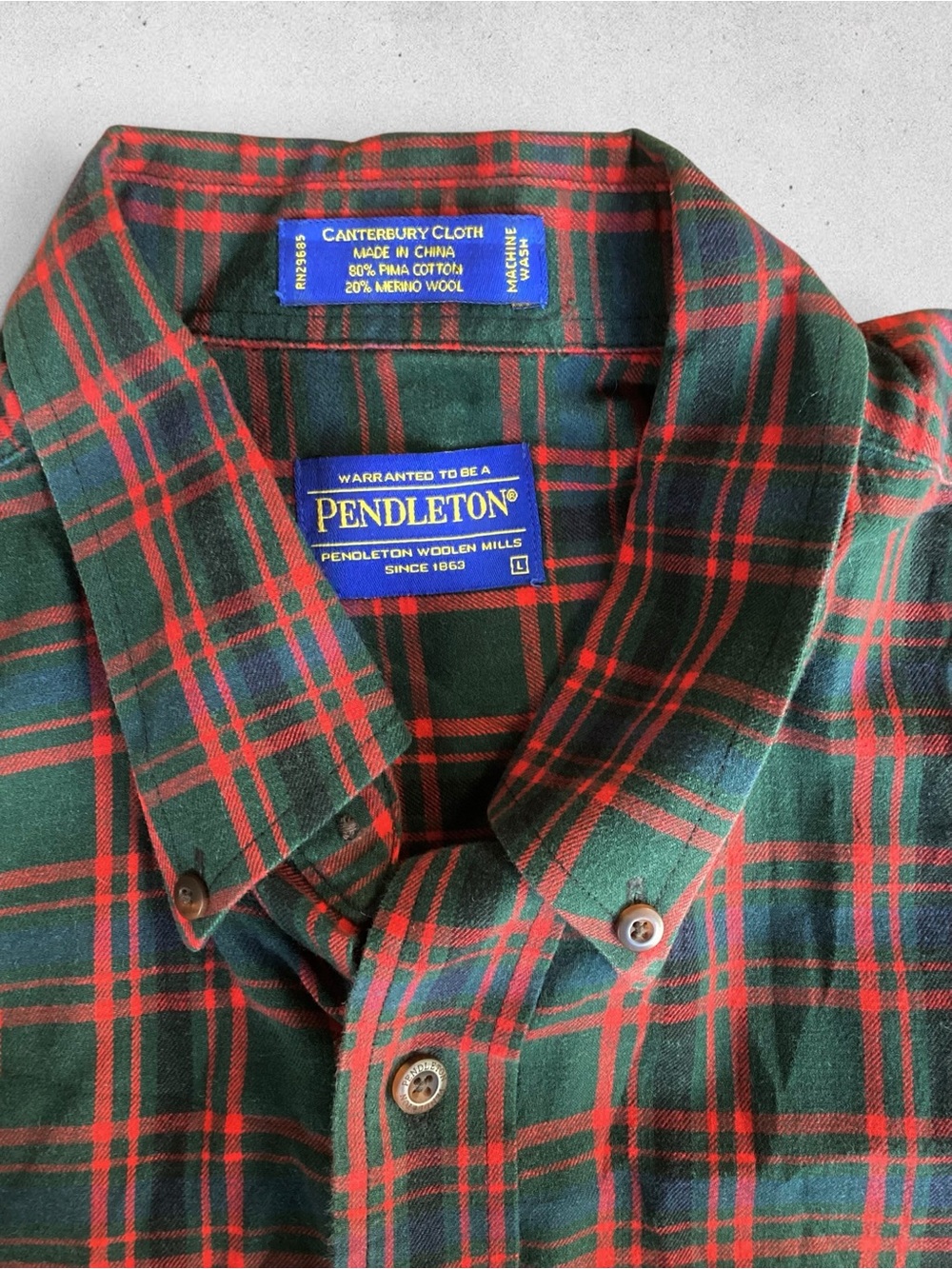 Pendleton Cotton/Wool Plaid Shirt L Canterbury Cloth